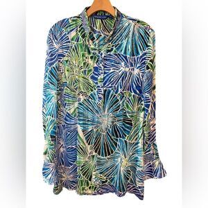 George Roth Sz M Sheer Blue Green Large Tropical Flowers Sequin Collar Tunic